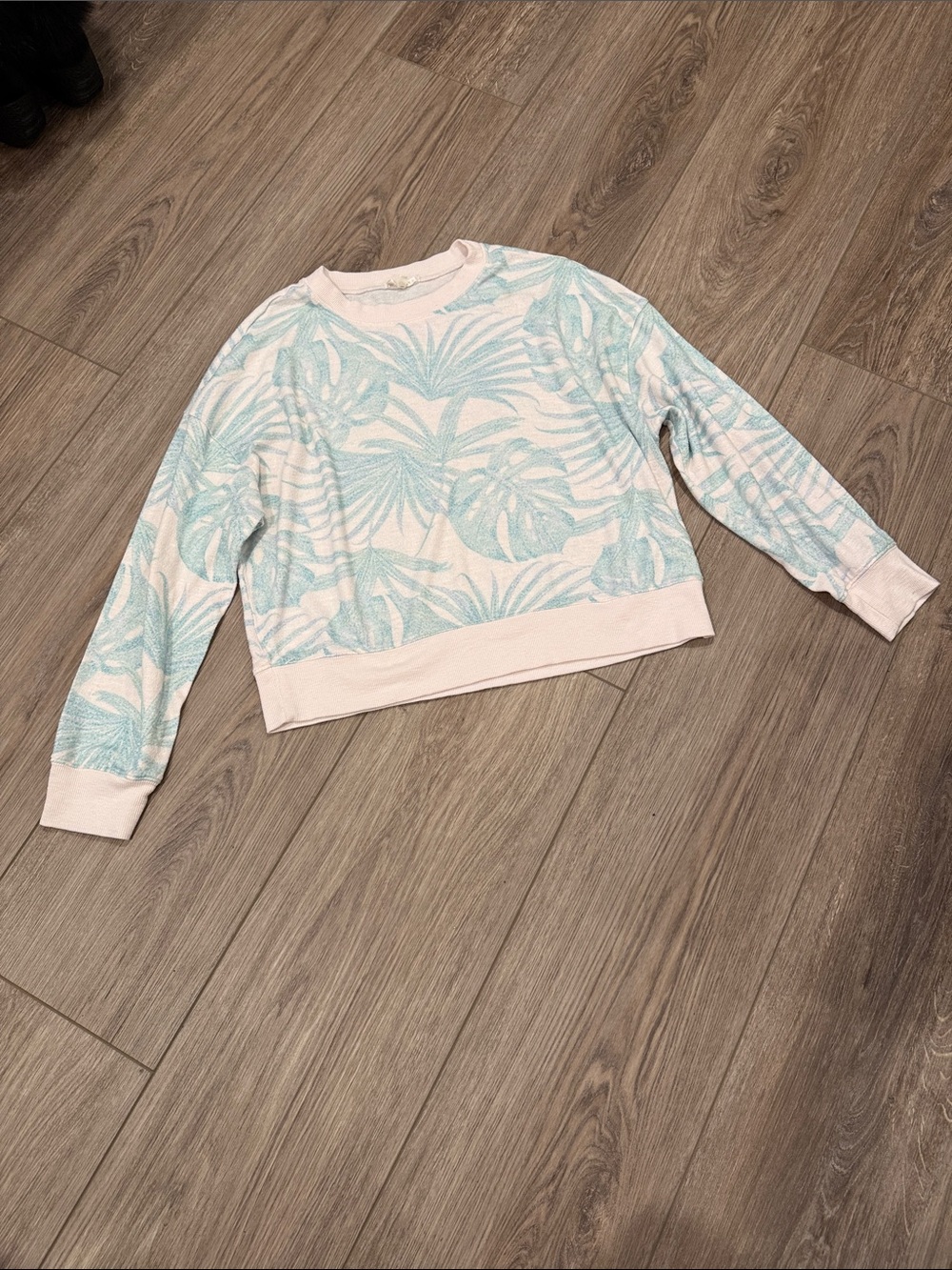Z Supply Pale Pink Crewneck Sweater with Light Blue Palm Print